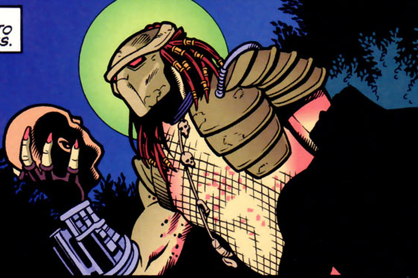 The Predator inspecting a skull under a green full moon after killing Fusion in Ghost #5