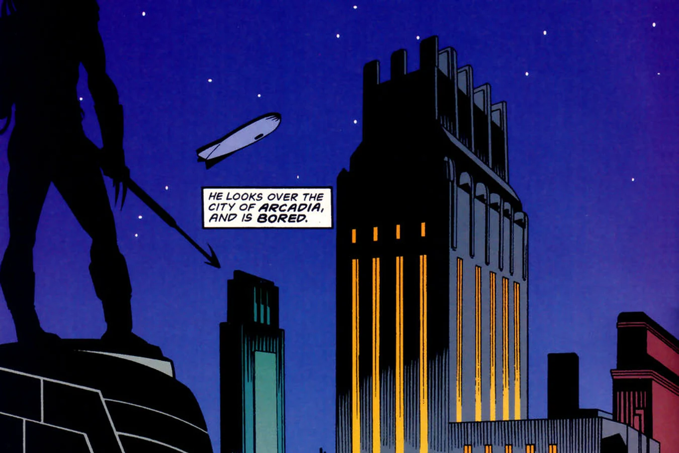 The Predator standing on a statue above the Arcadia skyline at night in Ghost #5