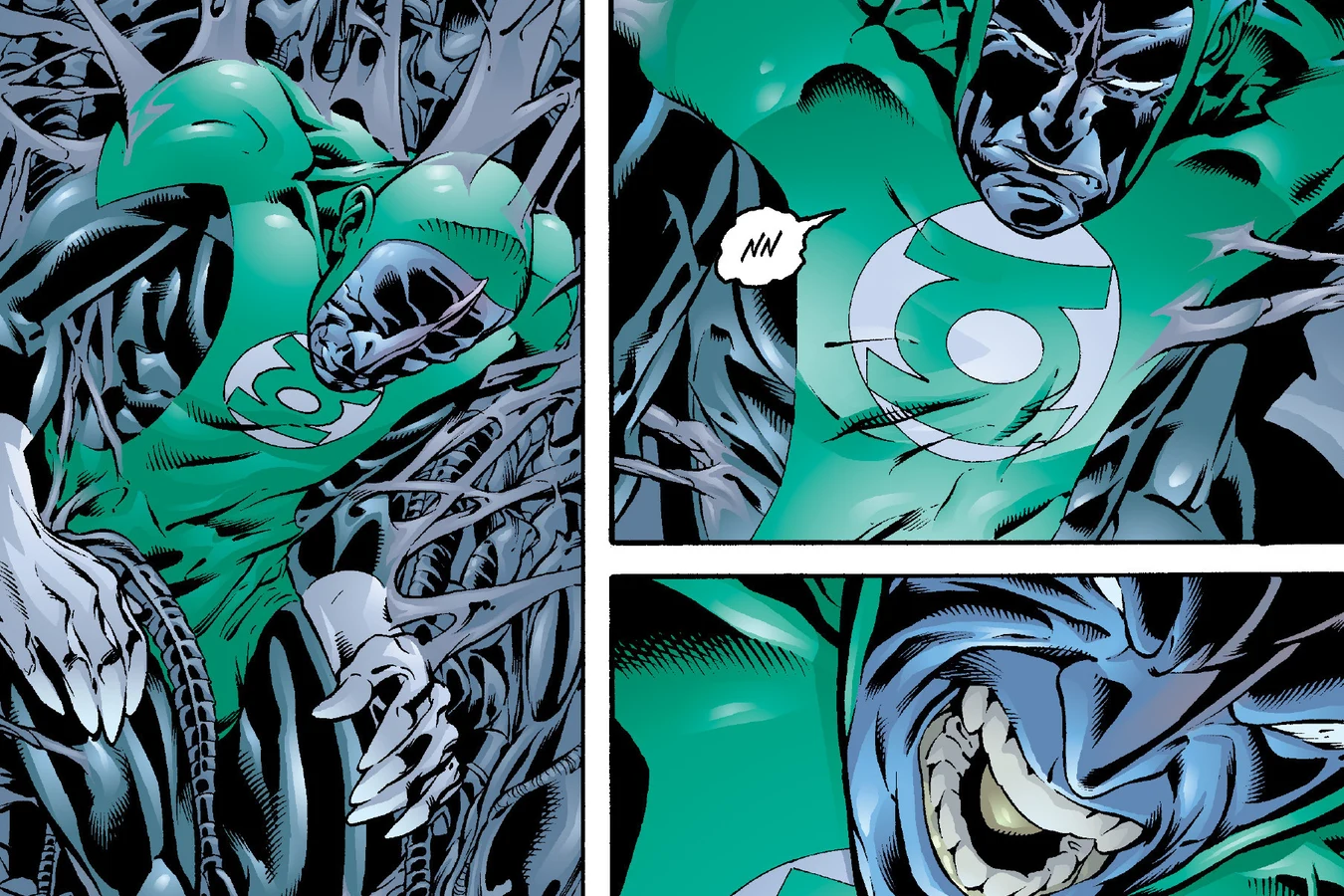 Barin Char caught by a Xenomorph in the dark hive, groaning as the creature's jaws open beside his face