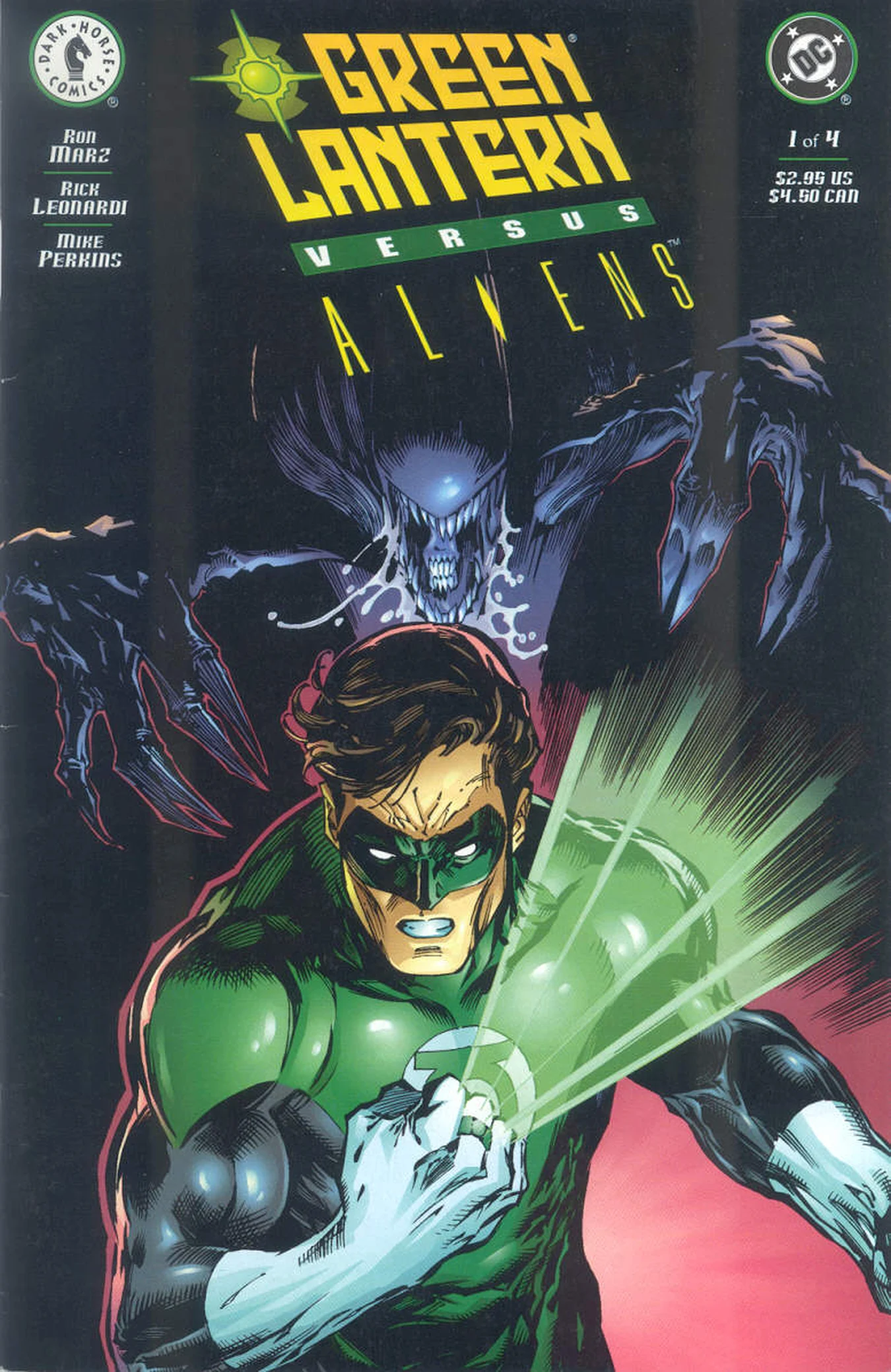Dwayne Turner's cover for Green Lantern vs. Aliens #1, Hal Jordan raising his glowing power ring as a Xenomorph reaches for him from behind