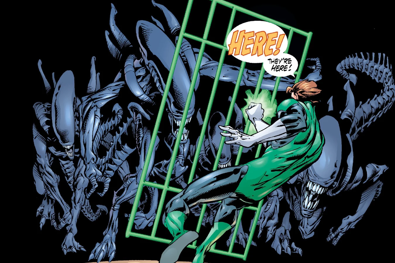 Hal Jordan shouting for help behind a green cage construct as Xenomorphs close in on him