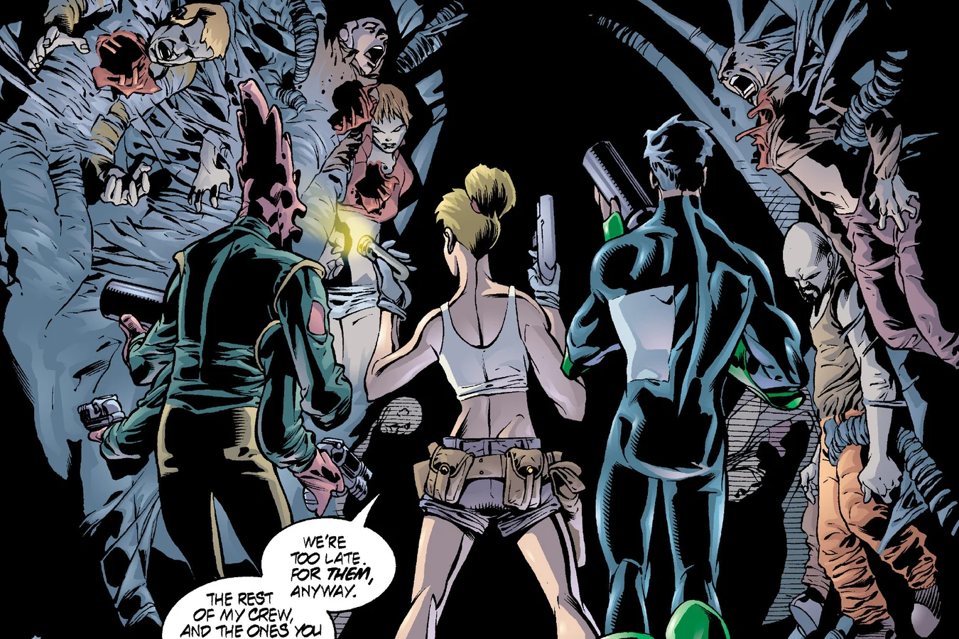 Kyle Rayner, Crowe, and Salaak standing in the dark hive among crew members cocooned in resin on the walls