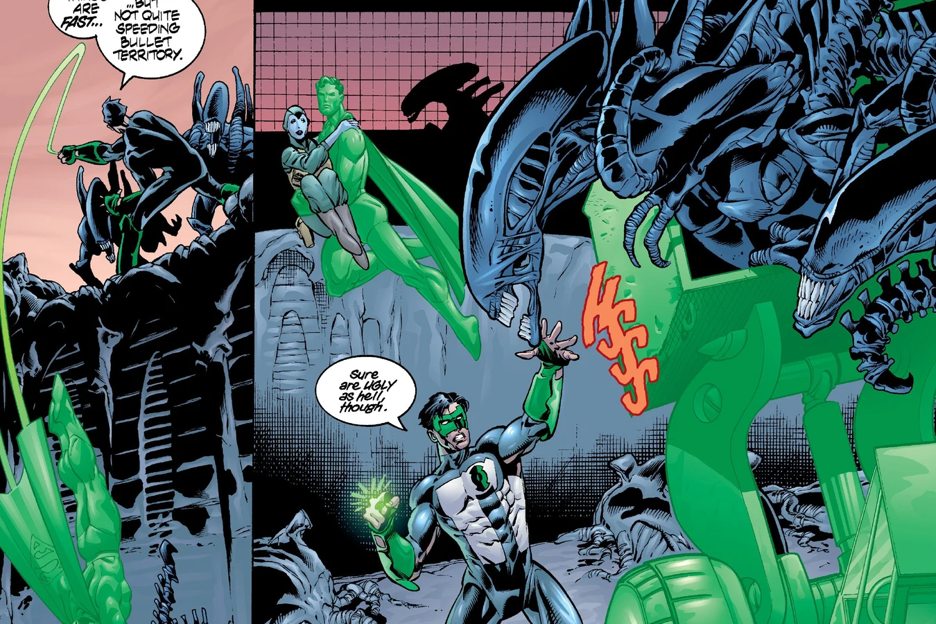 Kyle Rayner firing his ring at Xenomorphs in the freighter wreck while a former Lantern fires a gun beside him