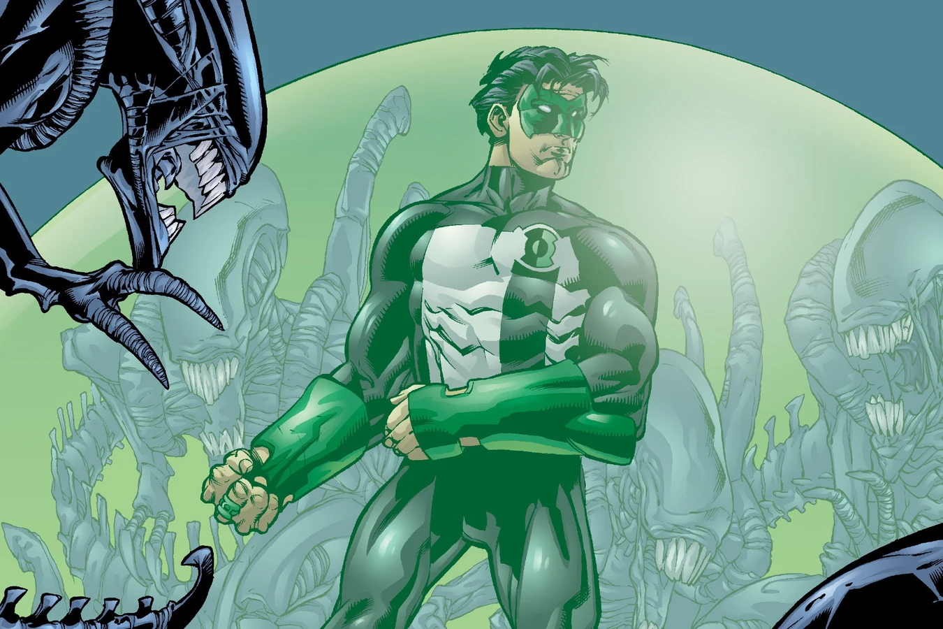 Kyle Rayner standing with his arms folded inside a green energy sphere as Xenomorphs press against it from outside