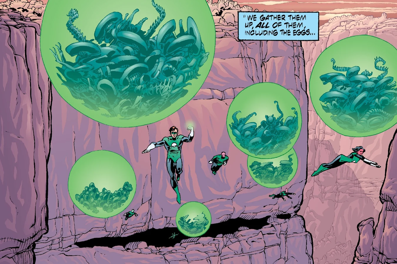 Green Lanterns flying over a canyon carrying Xenomorphs and eggs inside giant green energy bubbles