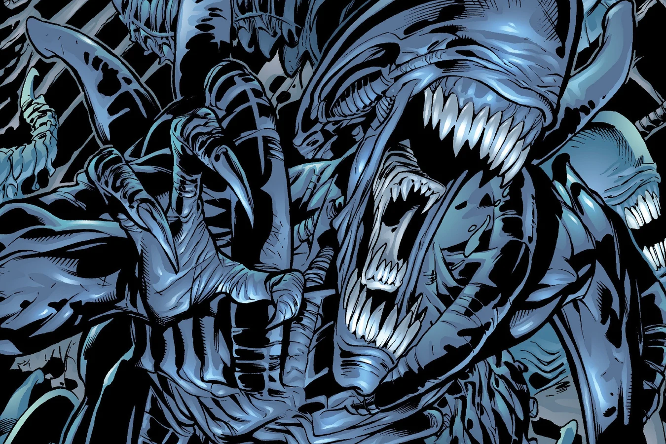 Close view of a Xenomorph drone with its jaws open among other drones in the hive