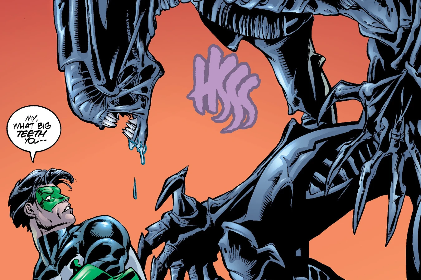 A Xenomorph drooling over Kyle Rayner from above, its jaws open, as Kyle looks up at it