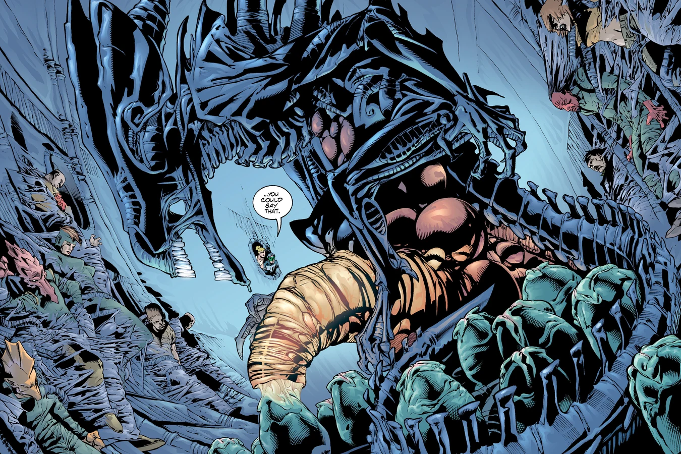 The Xenomorph Queen looming over her egg sac with captives cocooned in resin around the chamber