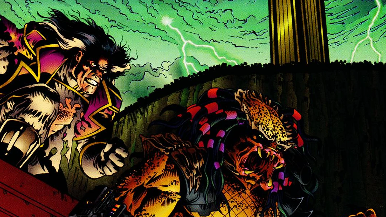 Law leaping at the Predator on a rooftop ledge beneath the Citadel Tower on the cover of Agents of Law #6
