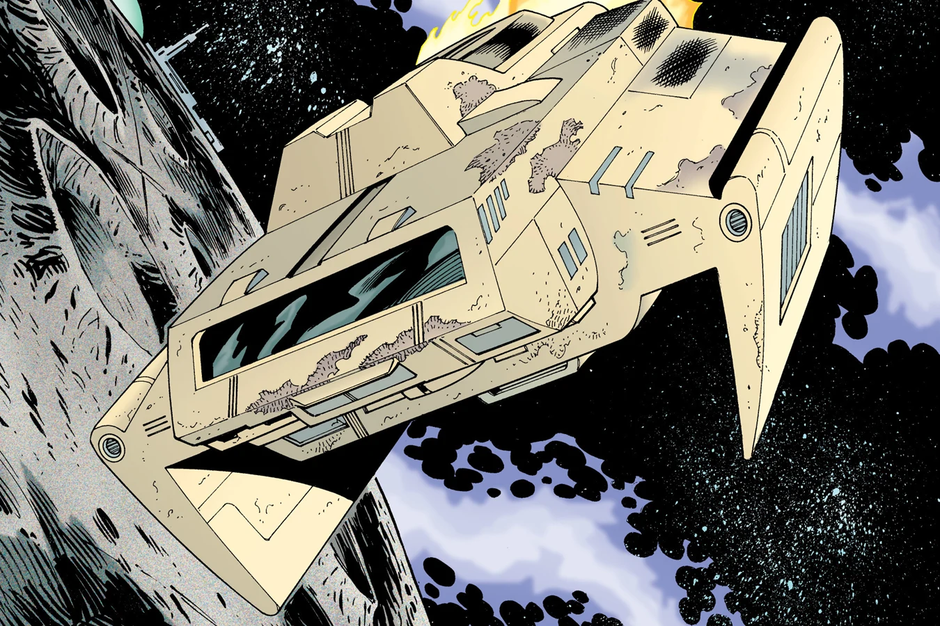 The burning Dominion spacecraft drifting past the Moon before J'onn J'onzz teleported its three Dominators into the Watchtower