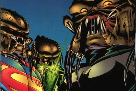 Graham Nolan and Randy Elliott's cover for JLA vs. Predator, three Predators in the costumes of Superman, Green Lantern, and Batman