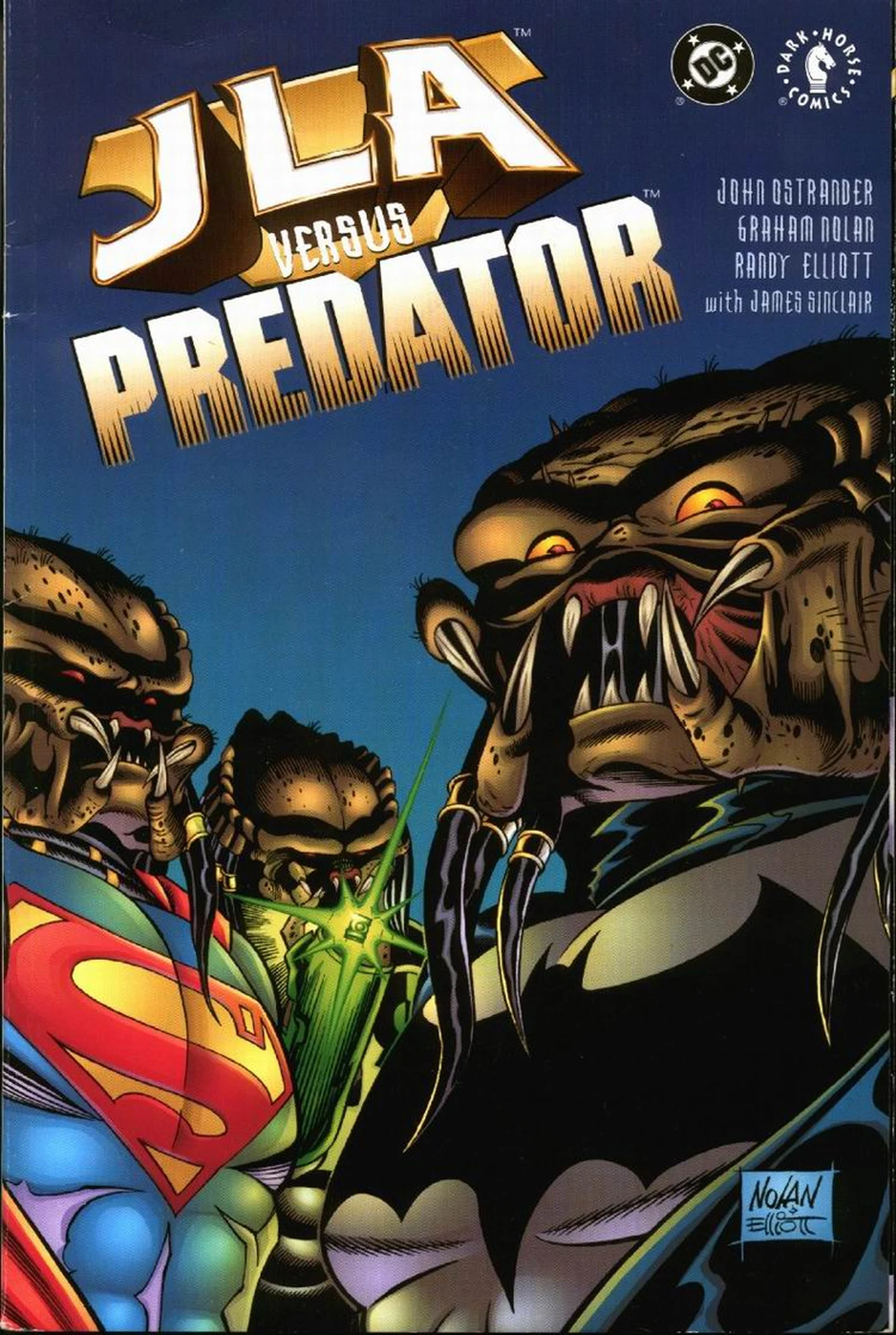 Graham Nolan and Randy Elliott's cover for JLA vs. Predator, three Predators in the costumes of Superman, Green Lantern, and Batman