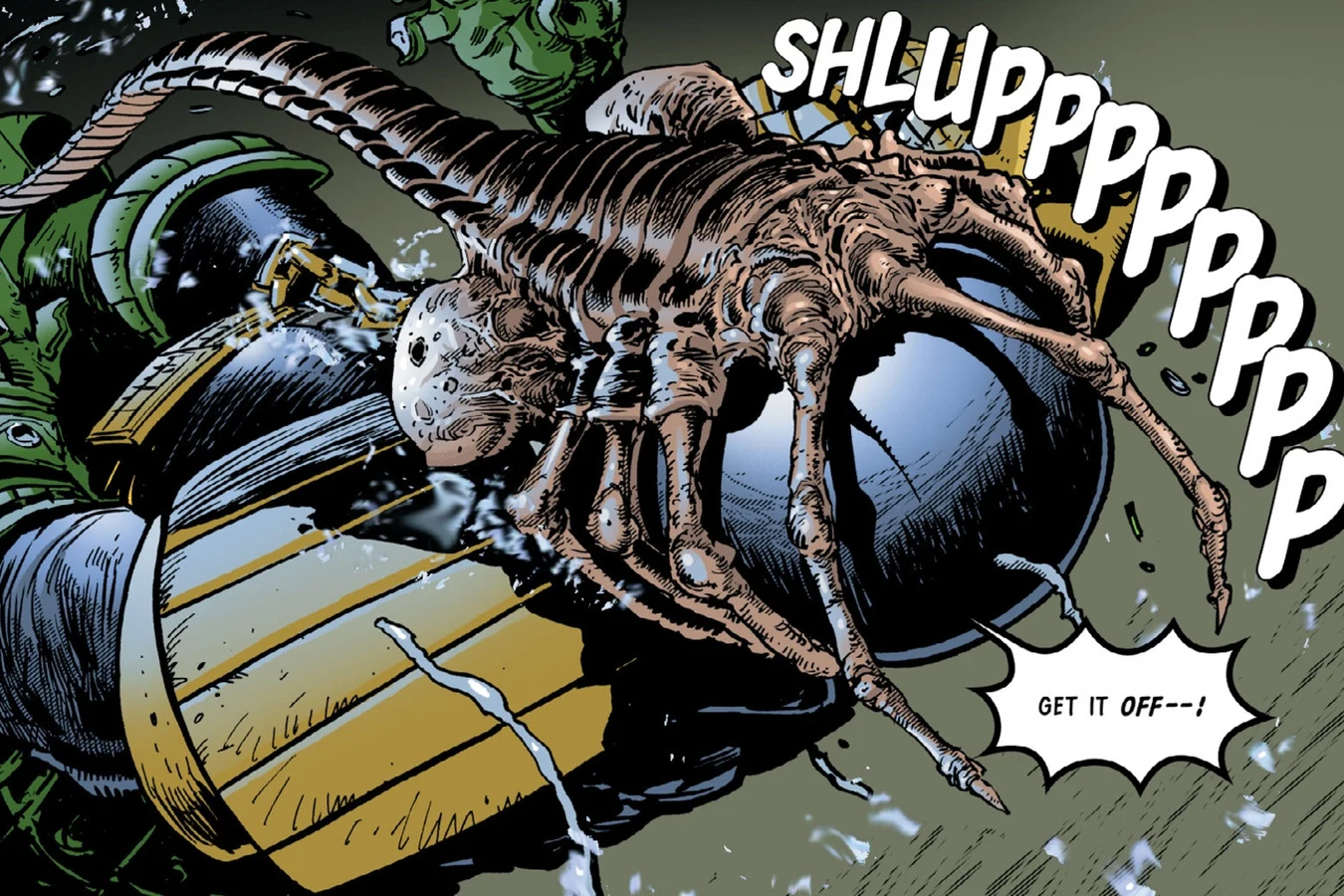 A Facehugger leaping onto Judge Brubaker's face in the City Bottom warehouse as he shouts for someone to get it off