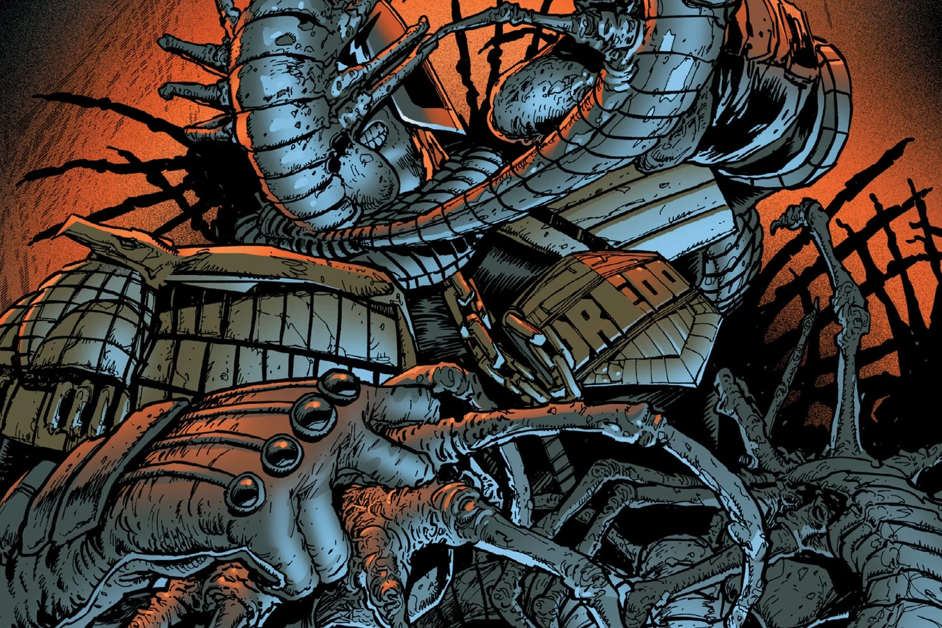 Facehuggers swarming over Judge Dredd in the Undercity hive