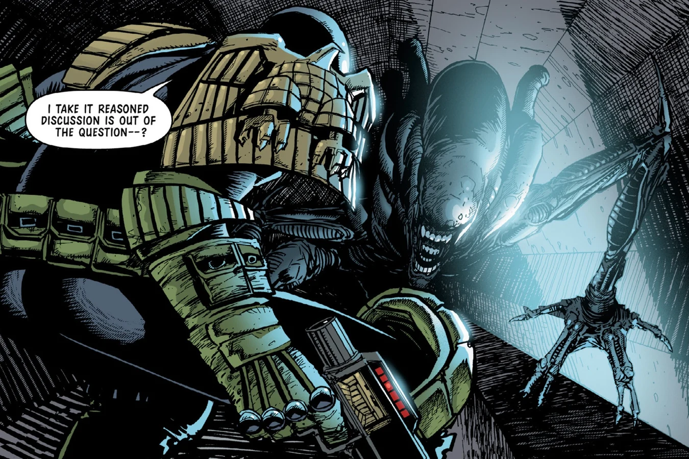 Judge Dredd with his Lawgiver drawn as a Xenomorph crawls toward him in the warehouse, asking whether reasoned discussion is out of the question