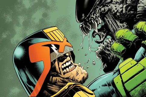 Greg Staples's cover for 2000 AD Prog 1324, Judge Dredd face to face with a drooling Xenomorph under the words Acid Reign