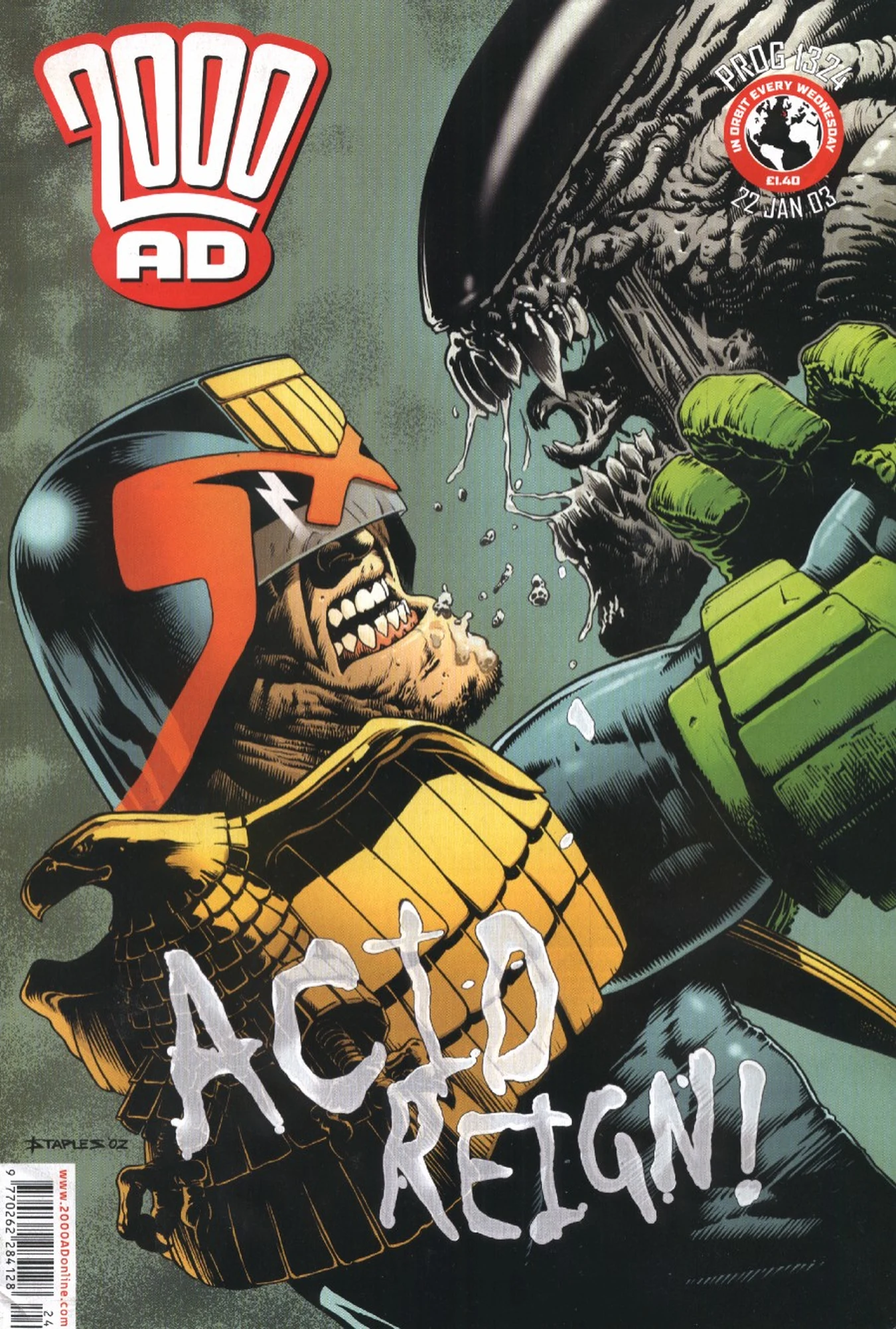 Greg Staples's cover for 2000 AD Prog 1324, Judge Dredd face to face with a drooling Xenomorph under the words Acid Reign