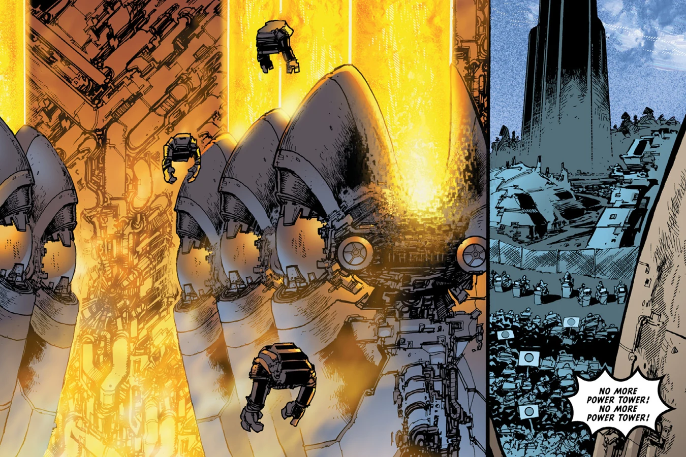 The glowing machinery of the new Power Tower with work drones beside it, next to a panel of the tower on the wasteland and Earth Mothers protesters chanting no more Power Tower