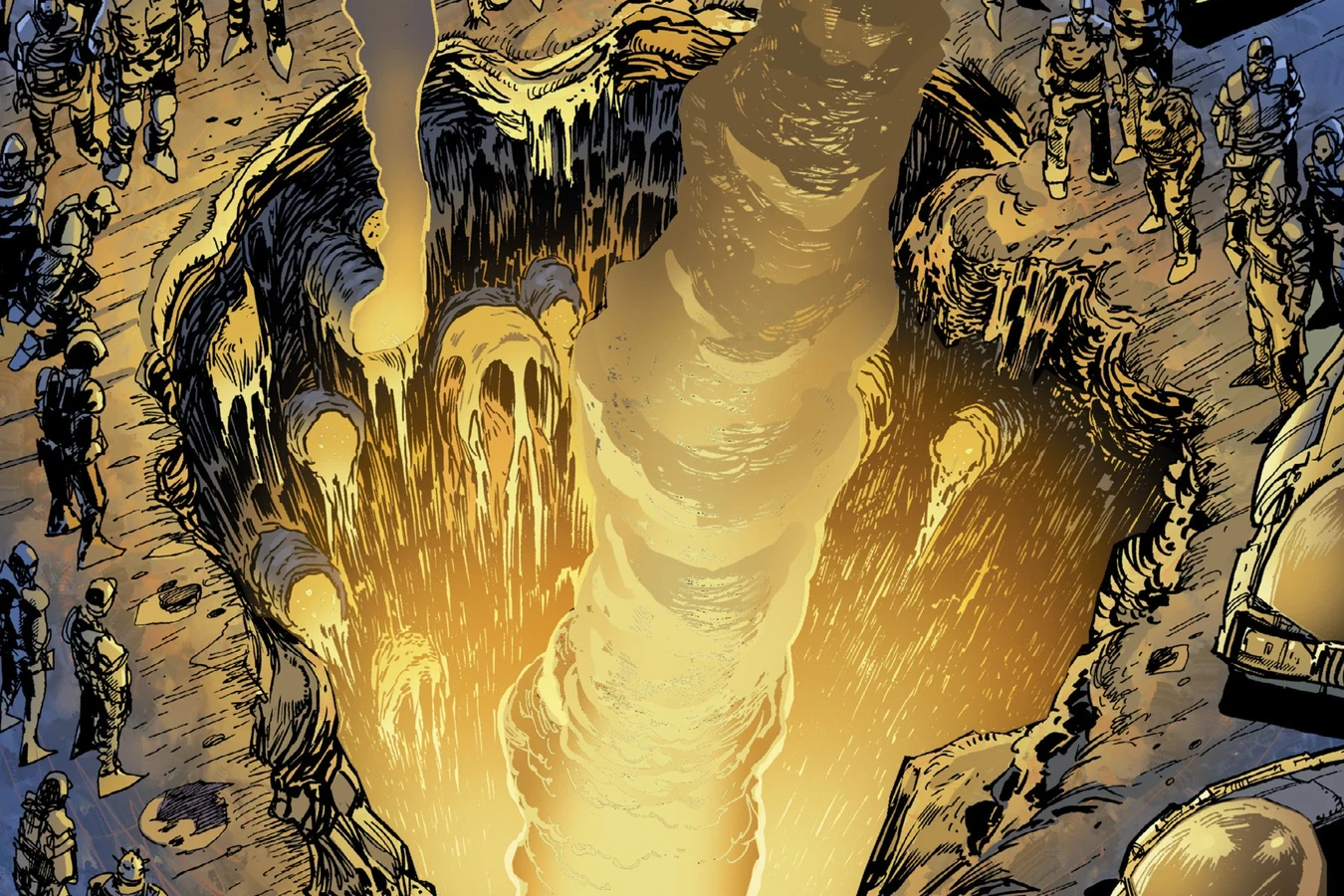 Judges and onlookers around the smoking crater that the burning Xenomorph's body ate through the road