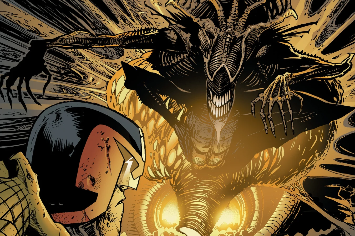 The Xenomorph Queen with her egg sac rising over Judge Dredd above rows of eggs in the Undercity hive