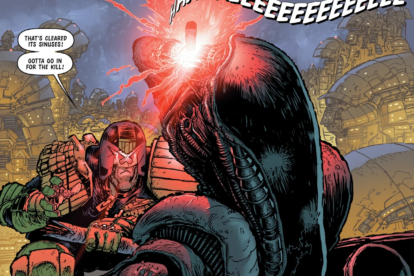 Judge Dredd on the roof of a zoom train as a road flare burns in the Xenomorph's mouth, with the blocks of Mega-City One behind them