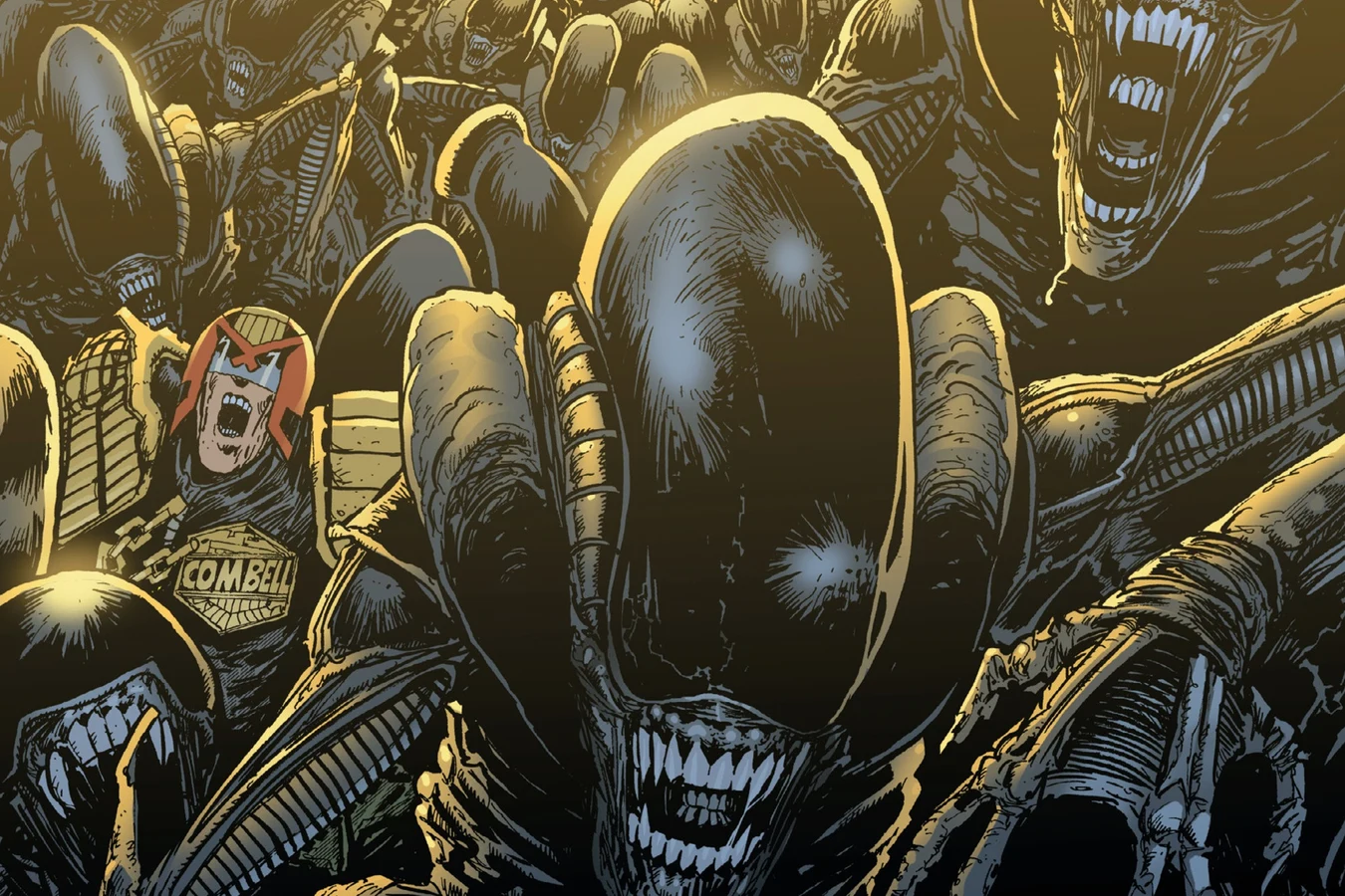 Xenomorphs pouring up through the breach in the Grand Hall of Justice around Judge Combell