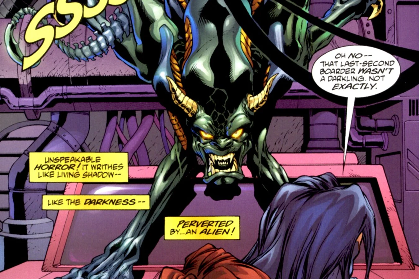 The DarkAlien, an Alien twisted by the Darkness, looming over Sara Pezzini on the escape shuttle