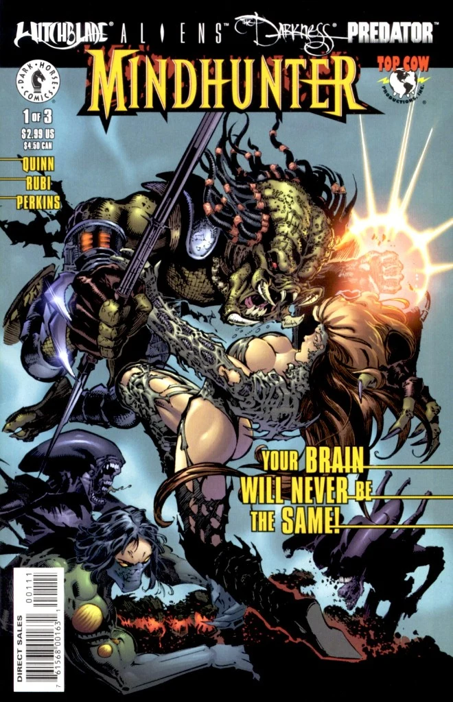 Dwayne Turner's cover for Witchblade/Aliens/Darkness/Predator: Mindhunter #1, Sara Pezzini against a Predator and an Alien