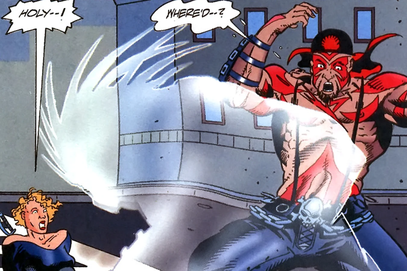 The cloaked Predator striking Motorhead in the shoulder as Jesse Benedict looks on in Motorhead #1