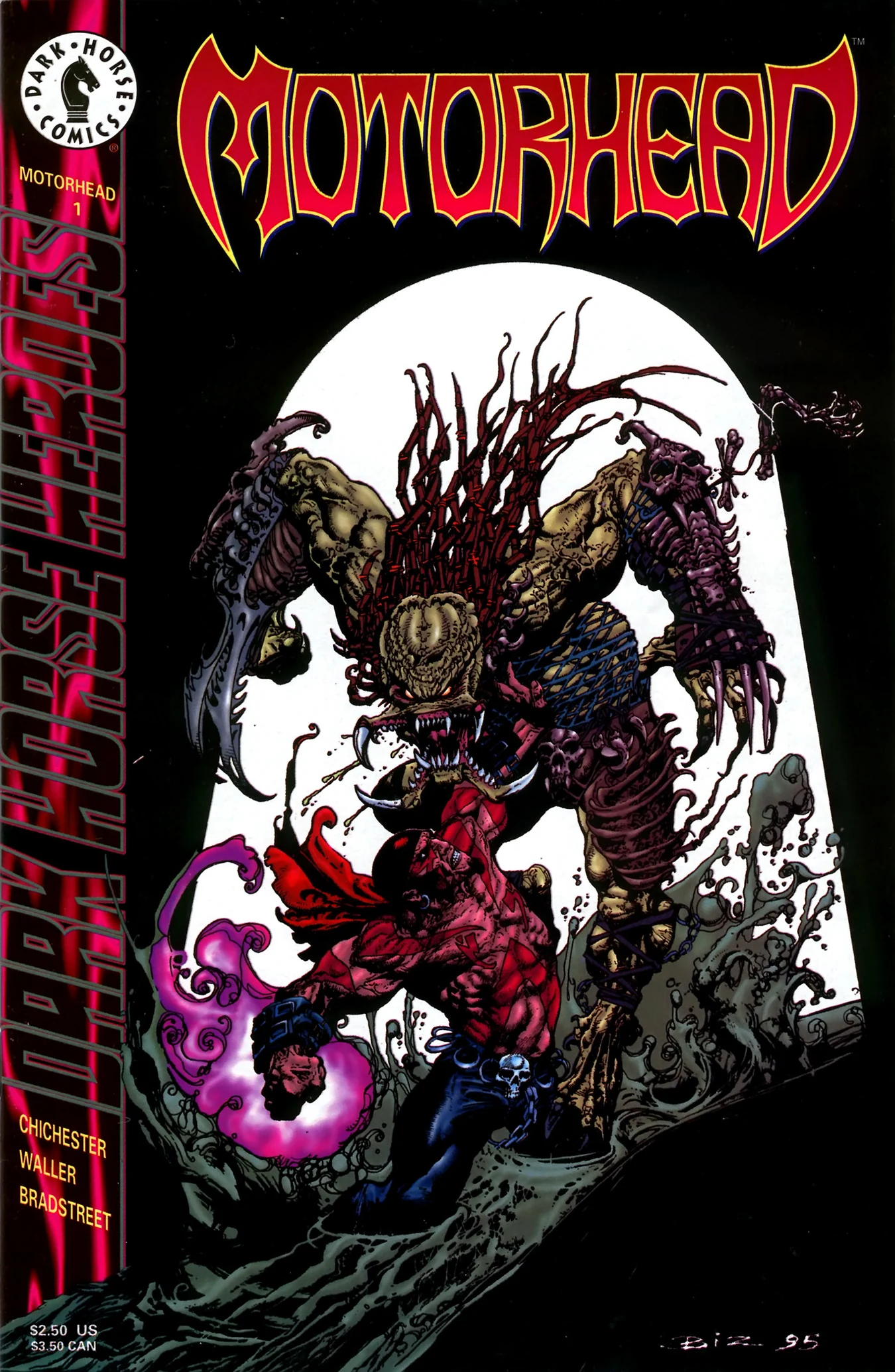 Simon Bisley's cover for Motorhead #1, the Predator looming over Motorhead as purple energy flares from his fist