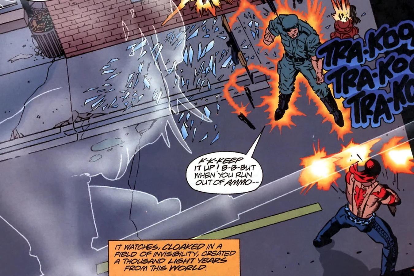 The cloaked Predator watching Motorhead fire at Gunplay on a Steel Harbor street in Motorhead #1