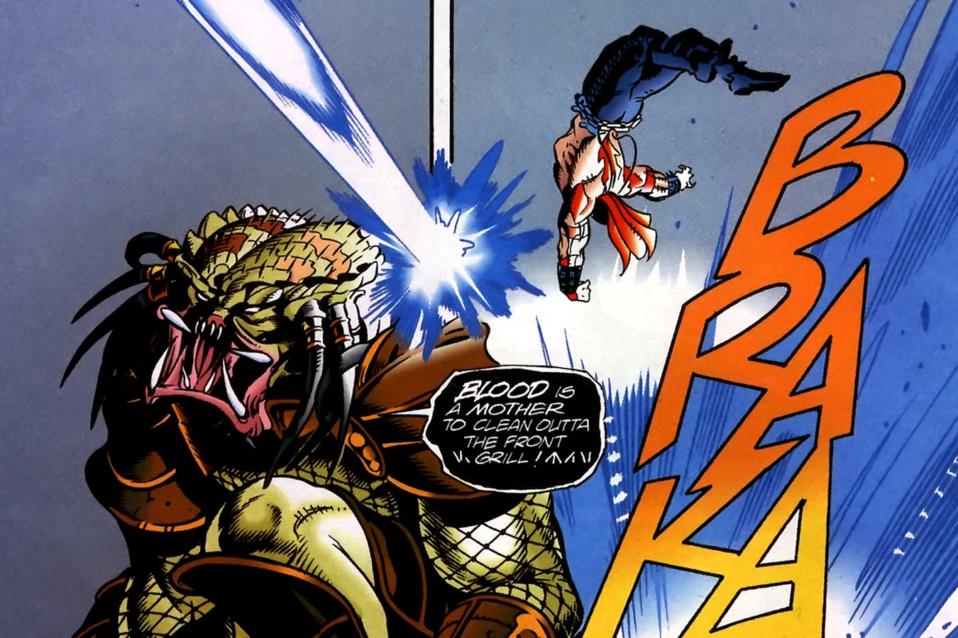 The Predator firing its shoulder cannon and blasting Motorhead into the air in Motorhead #1