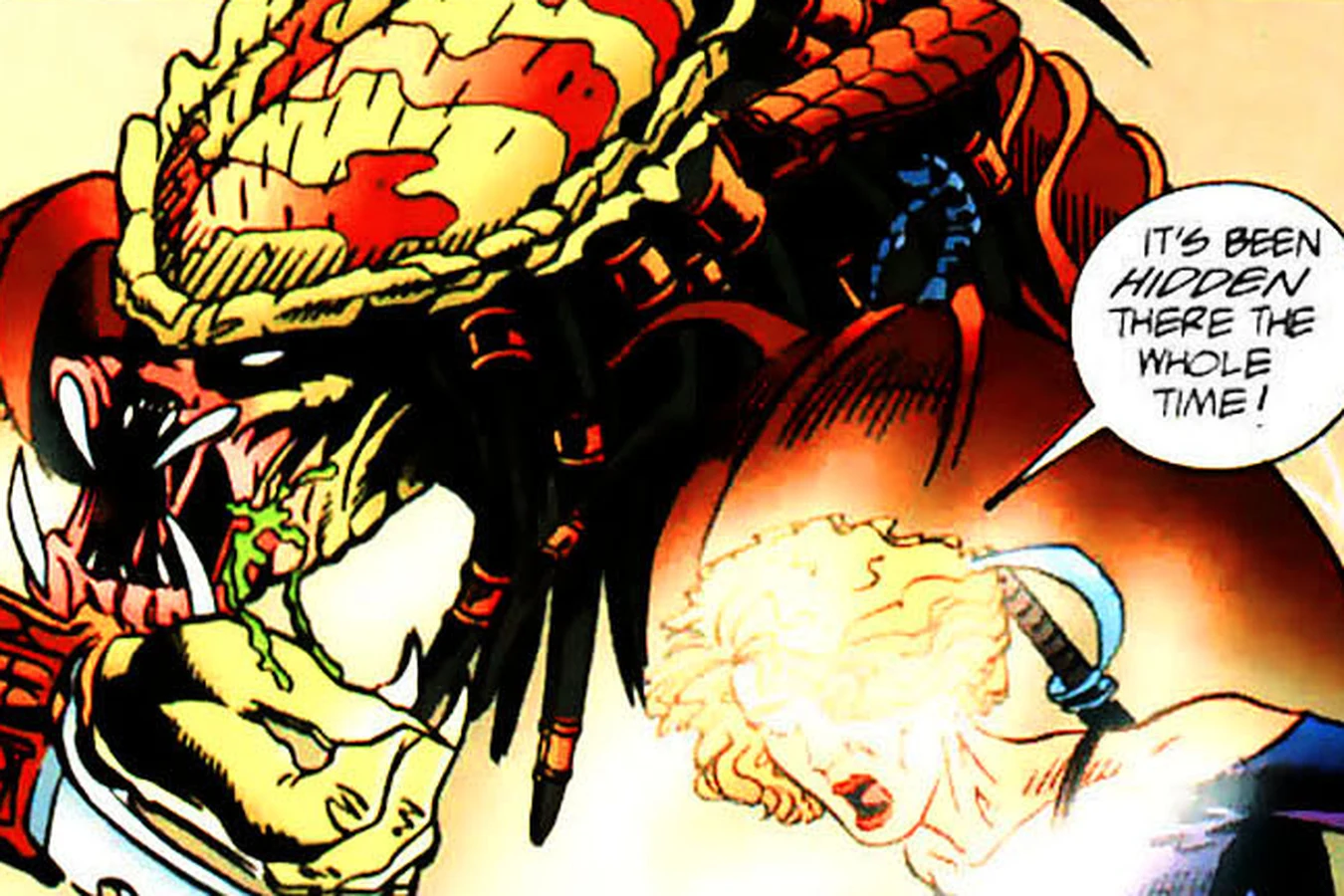 The unmasked Predator snarling beside Jesse Benedict after Motorhead knocked off its mask in Motorhead #1