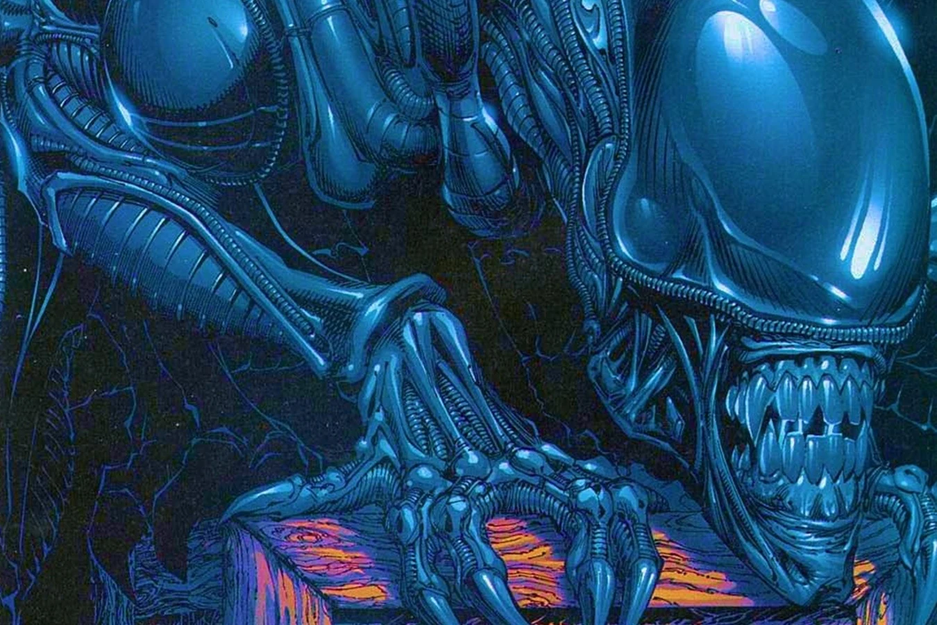 An adult Xenomorph crouched in the New York warehouse district