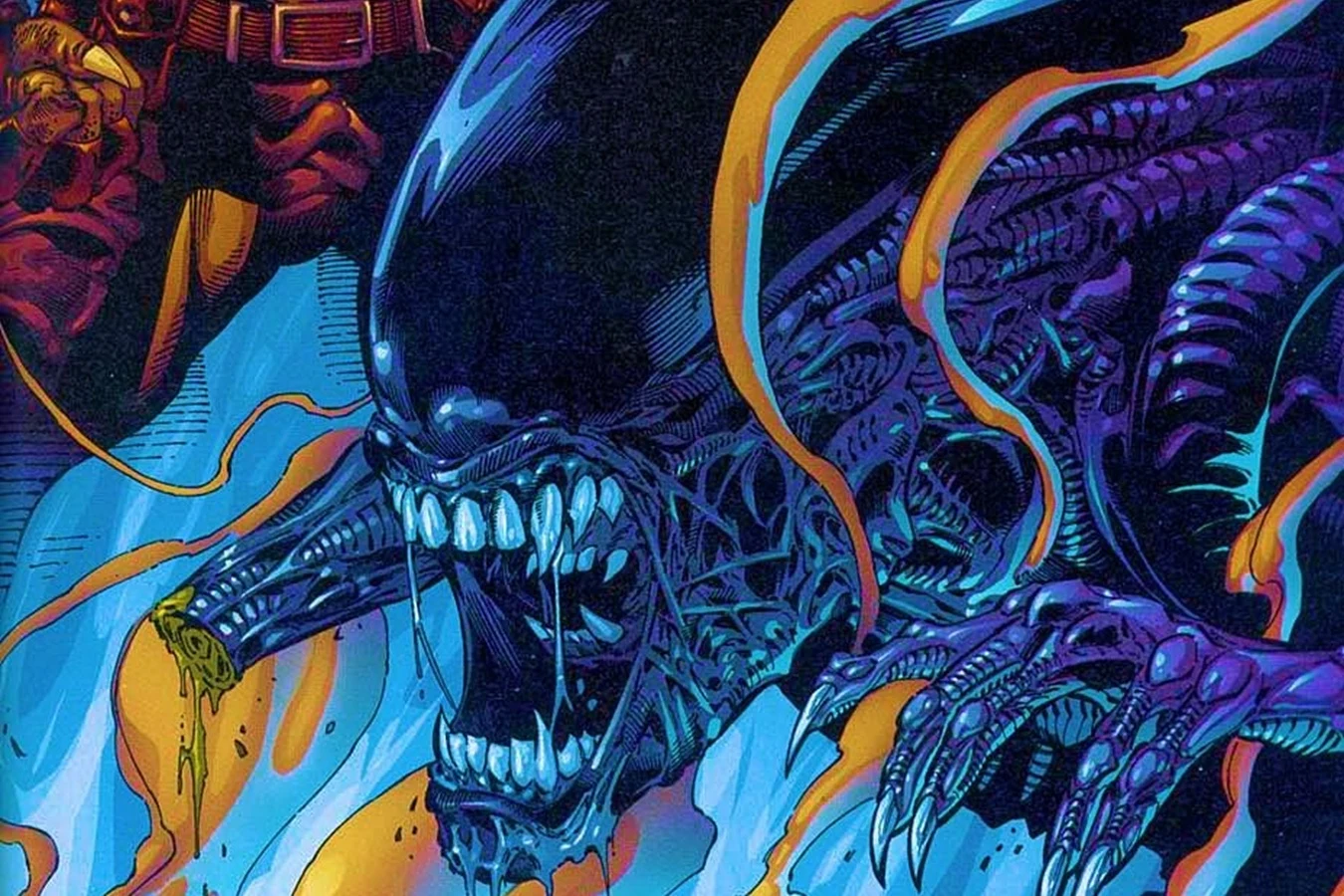 Close view of an adult Xenomorph's head and inner jaw