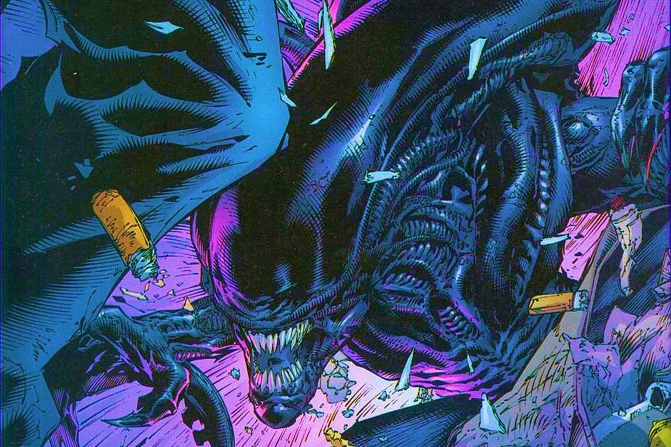 An adult Xenomorph lunging during the warehouse fight