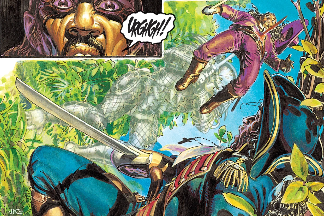 A cloaked Predator shimmering through the jungle as a pirate is thrown into the air above the fallen captain in his tricorn hat, with an inset of a pirate crying out