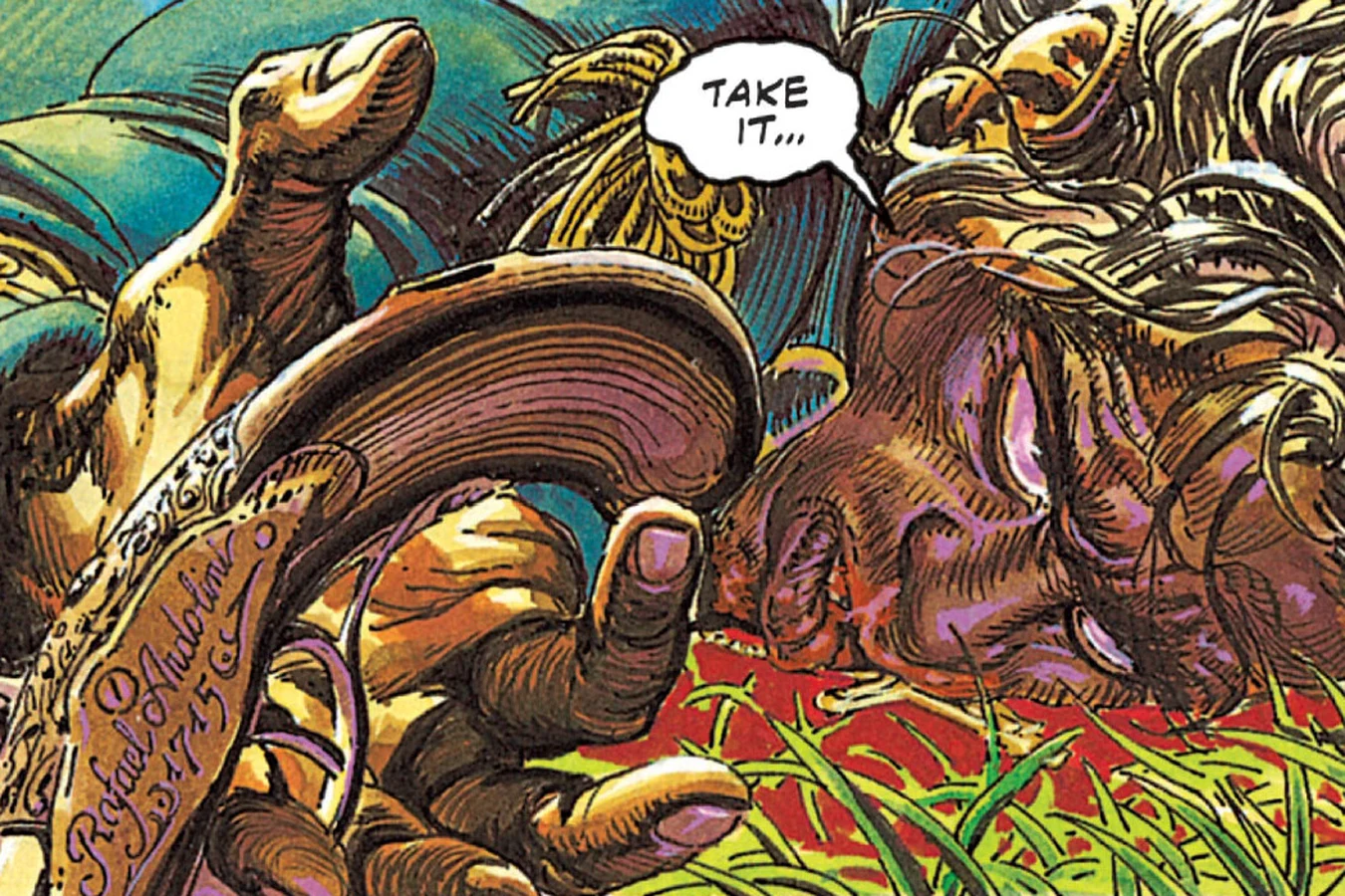 The dying pirate captain lying in the grass and holding up his engraved flintlock pistol, with a speech balloon saying take it