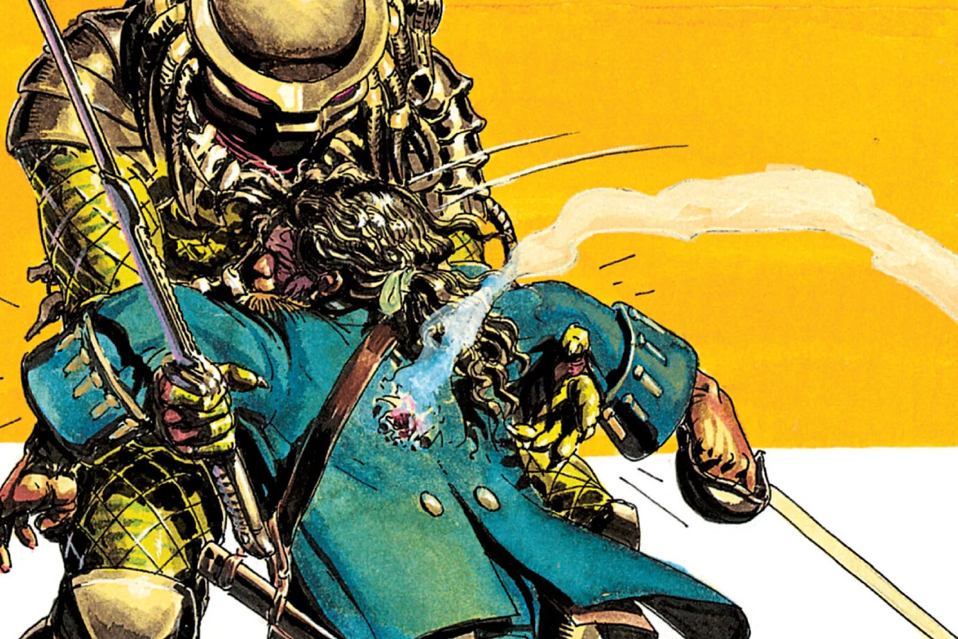 The gold-masked Predator catching the captain as a musket ball tears into his back against a yellow background