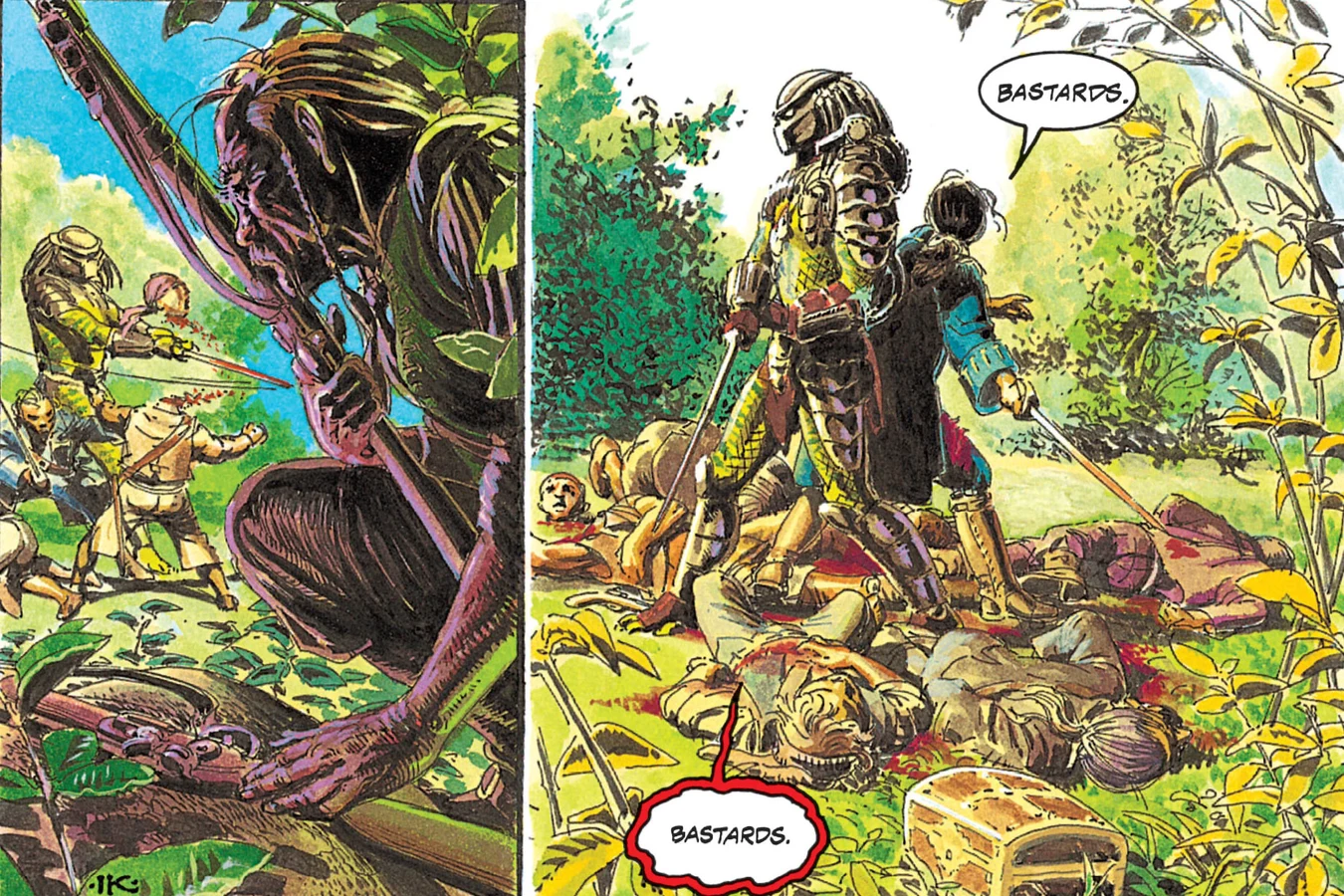 Two side-by-side panels of a figure crouching in the foreground as the Predator spears pirates behind it, and the gold-masked Predator standing with the captain over dead pirates beside the treasure chest