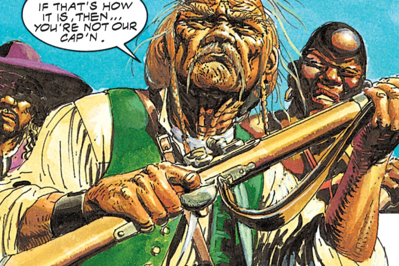 An old pirate and a shipmate raise a musket against their captain on the Guinea coast, with a speech balloon declaring he is no longer their captain