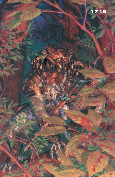 Igor Kordey's painted cover for Predator: Kindred #4, showing a Predator in bronze armor crouched among red jungle leaves