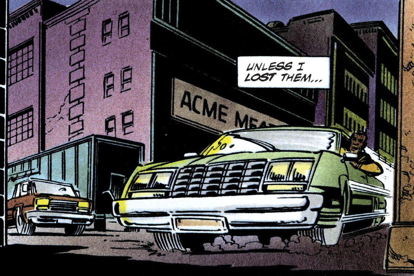 Harrigan speeding past an Acme Meat truck in the slaughterhouse district as he chases the Predator in the Predator 2 comic