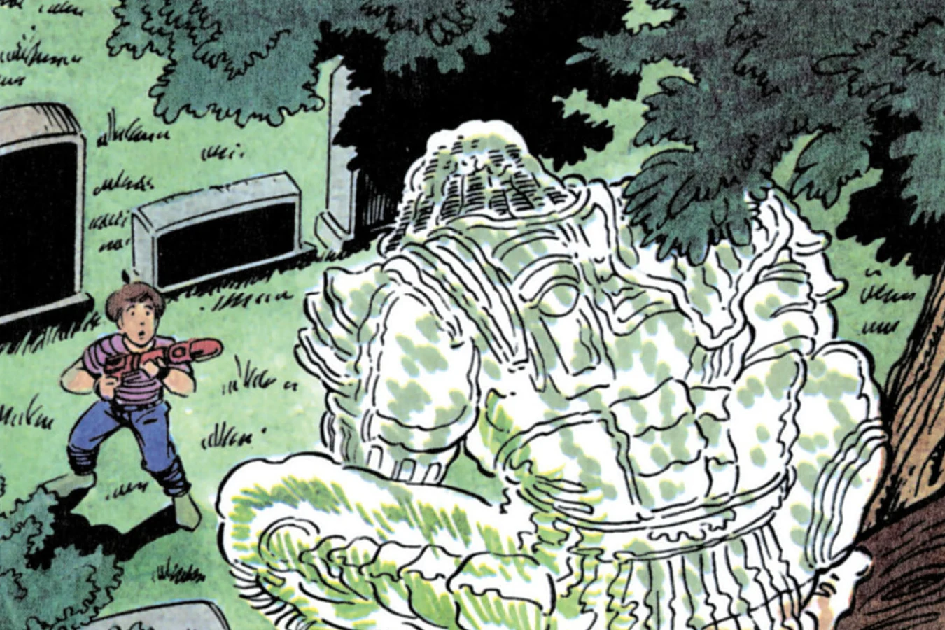 Anthony with his toy gun in the cemetery as the cloaked Predator shimmers in the branches of a tree in the Predator 2 comic