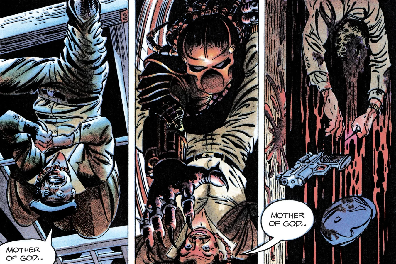 Danny Archuleta hanging upside down from the penthouse ceiling as the Predator looms over him and his gun and hat lie in blood in the Predator 2 comic