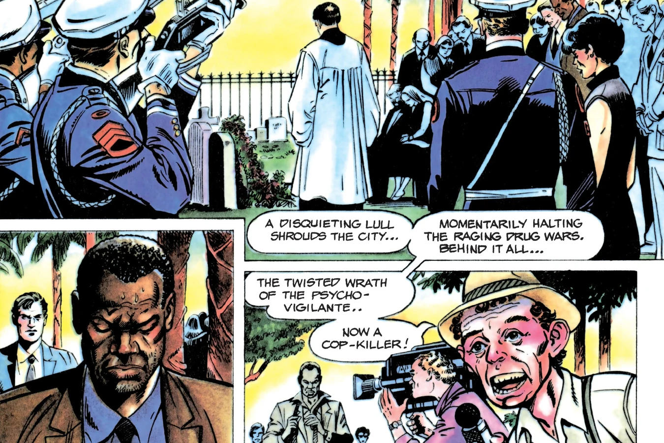 Police in dress uniform at Danny's funeral as a reporter with a camera crew confronts Harrigan in the Predator 2 comic