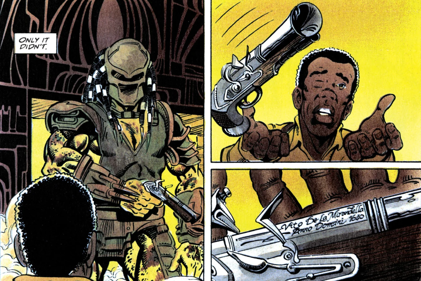 The elder Predator handing Harrigan an antique flintlock pistol engraved Vito De La Mirandella Anno Domini 1640 in the Predator 2 comic