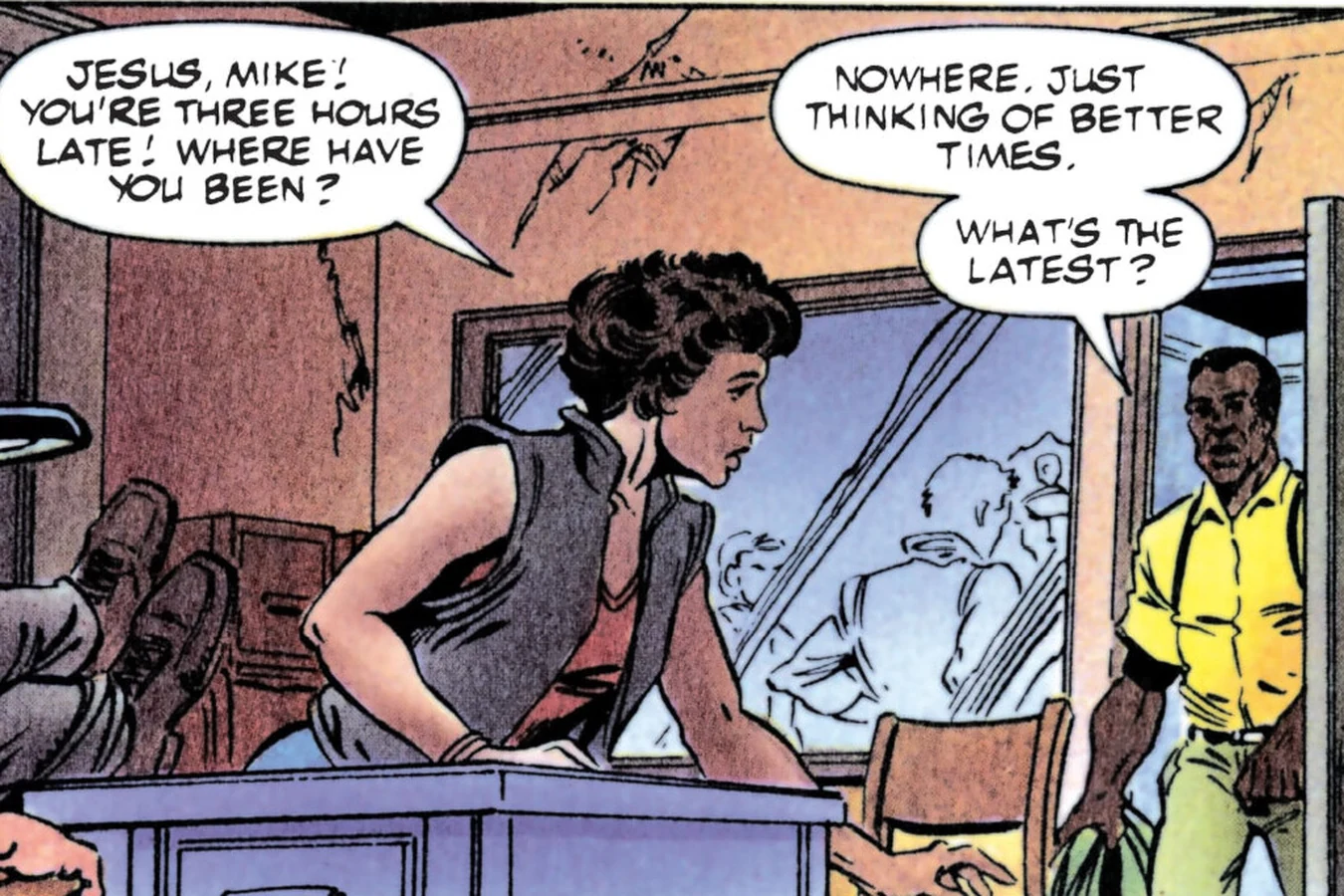 Leona turning toward Harrigan as he arrives at the station three hours late in the Predator 2 comic