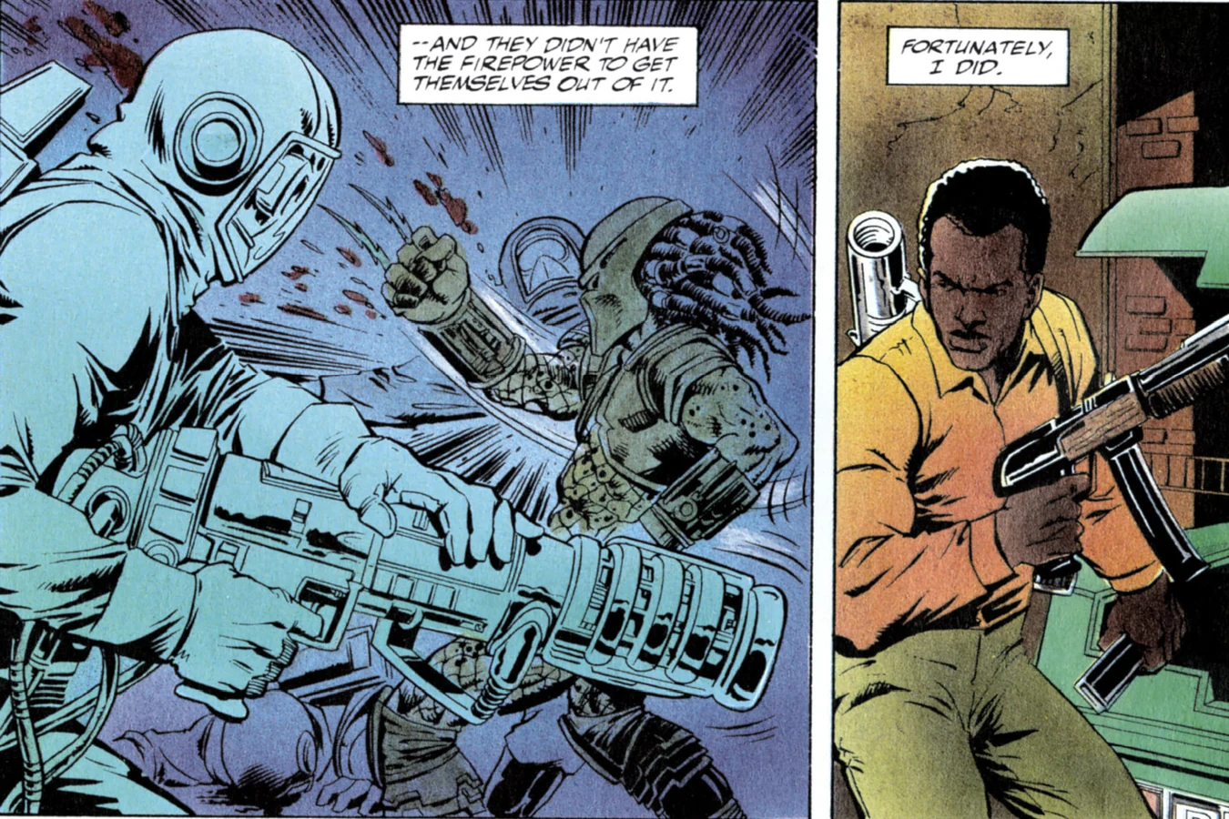 Harrigan arriving with a shotgun as the Predator kills an agent in a sealed suit in the Predator 2 comic