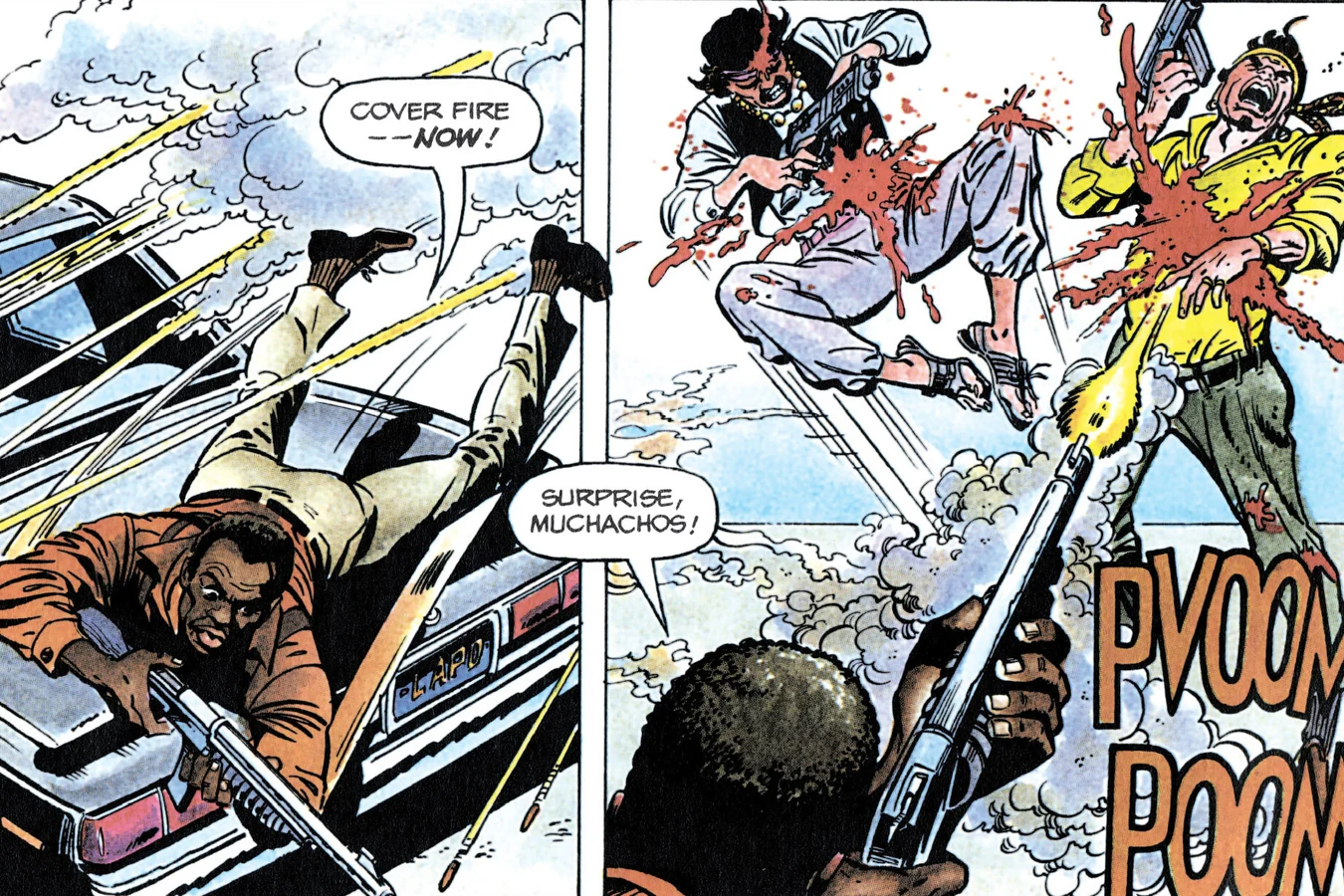 Harrigan diving from his sedan with a shotgun as he calls for cover fire while Colombian gunmen are hit in the Predator 2 comic